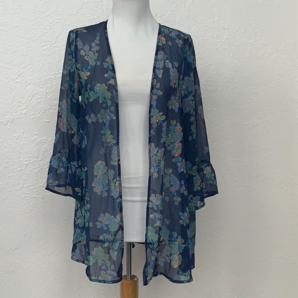 Sheer Navy Blue Floral Kimono Duster Bell Ruffle Sleeve Boho Cover Up